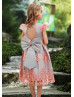 Rose Pink Lace Gray Satin Keyhole Back Elegant Flower Girl Dress
